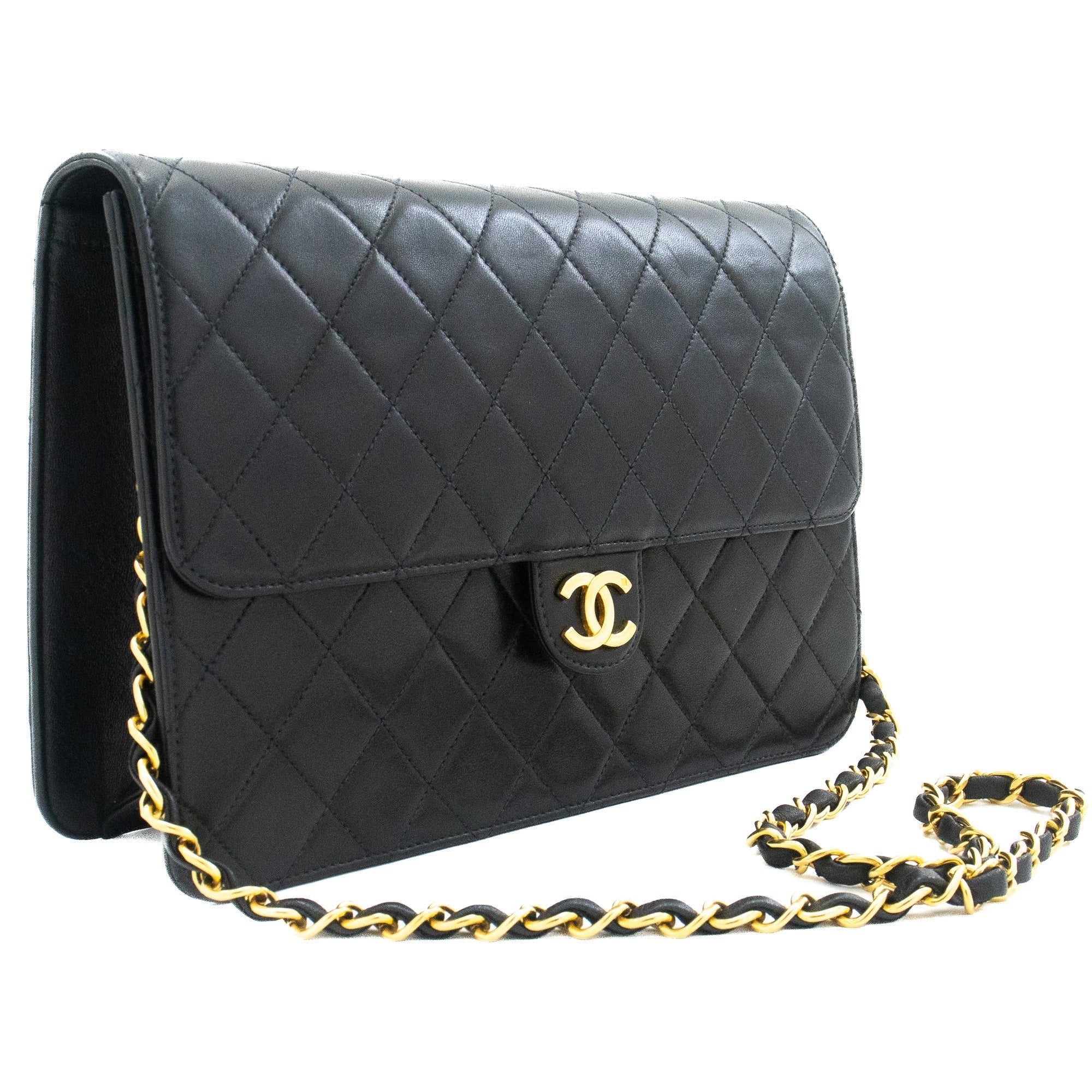 CHANEL Chain Shoulder Bag Clutch Black Quilted Flap Lambskin Purse