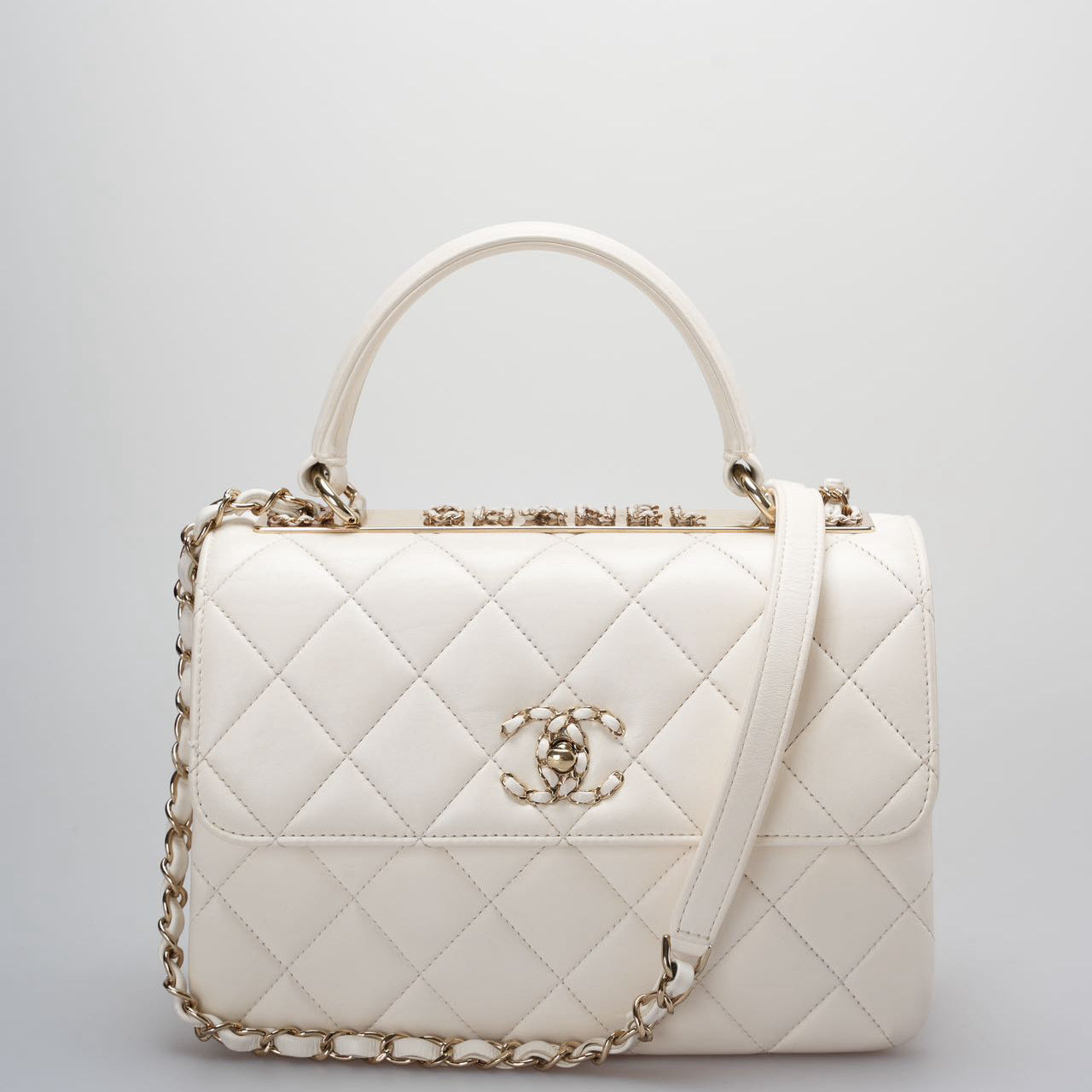 Chanel White Trendy CC Bag In Lambskin Leather With Top Handle In Small Size