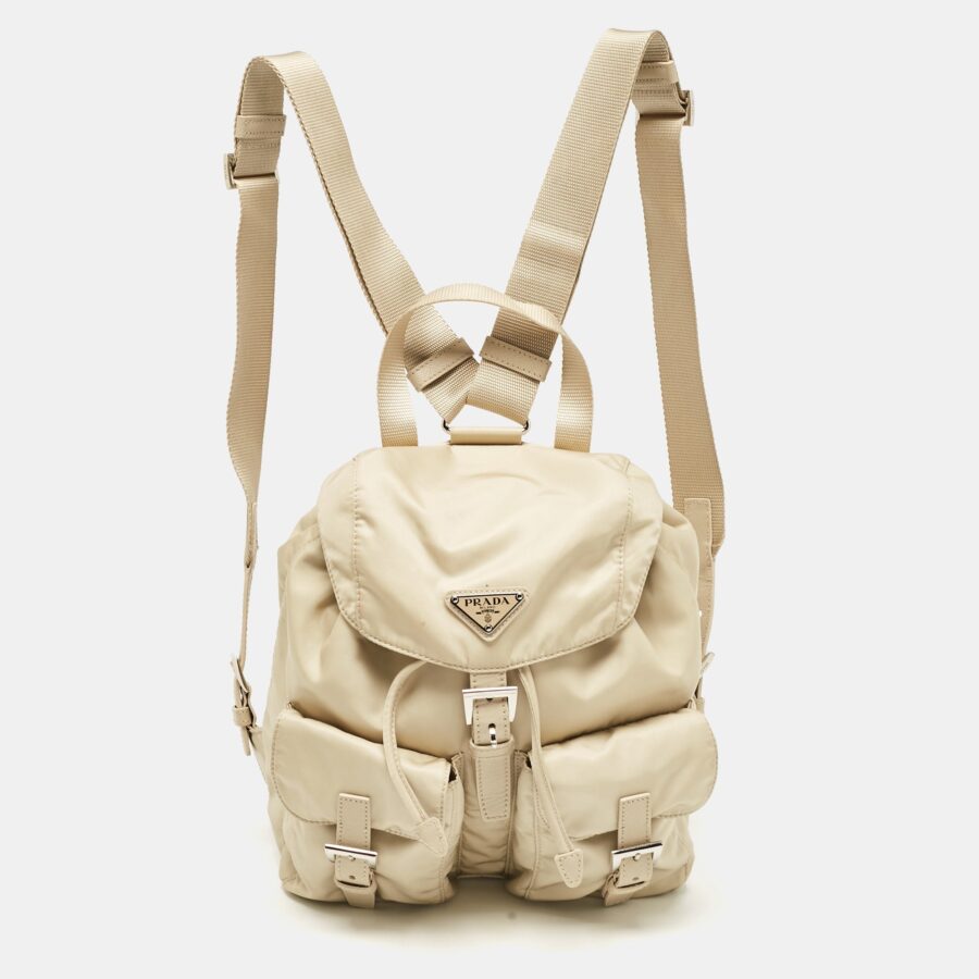 Prada Beige Nylon And Leather Drawstring Backpack | Studio Nafay
