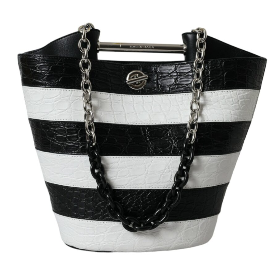 Balenciaga Black White Striped Exotic Skin Leather Maxi Bucket Tote Bag | Studio Nafay