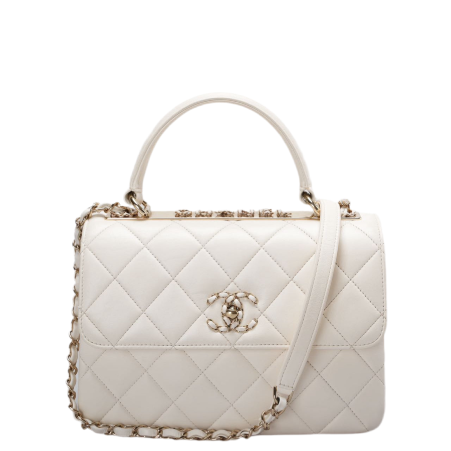 Chanel White Trendy CC Bag In Lambskin Leather With Top Handle In Small Size | Studio Nafay