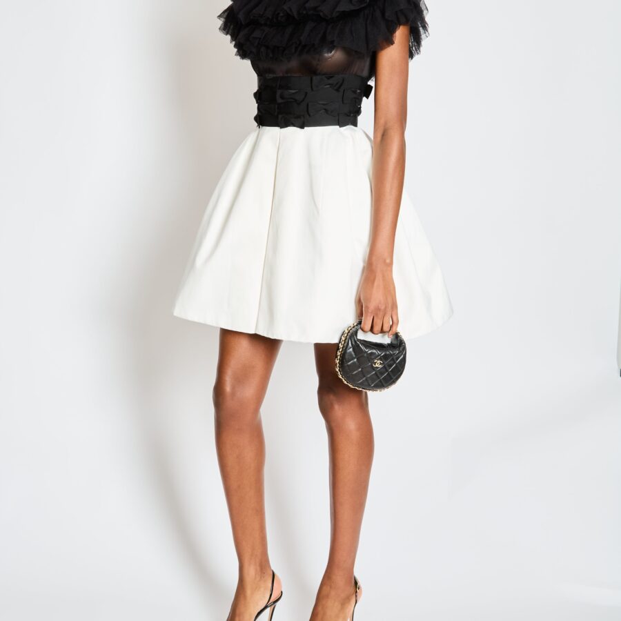Chanel 20/S Black and White Ruffled Off-Shoulder Mini Dress with Bow Details Size FR 34 (UK 6) Shoulder Bag | Studio Nafay
