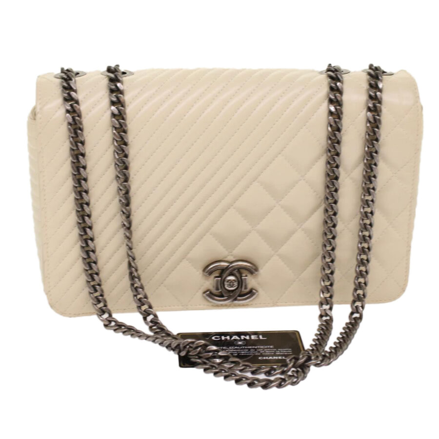 Chanel Chevron x Matelasse Chain Shoulder Bag Lamb Skin White CC Auth A | Studio Nafay