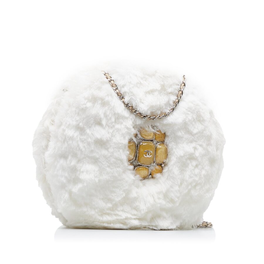 White Chanel CC Crystal Embellished Faux Fur Round Crossbody | Studio Nafay
