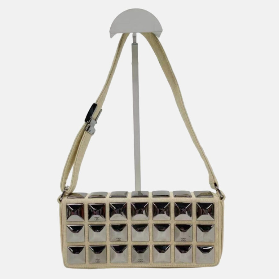 Chanel Ivory Jersey Evening Bag with Mirrored Pyramid Studs Ice Cube Chocolate Bar Shoulder Bag | Studio Nafay