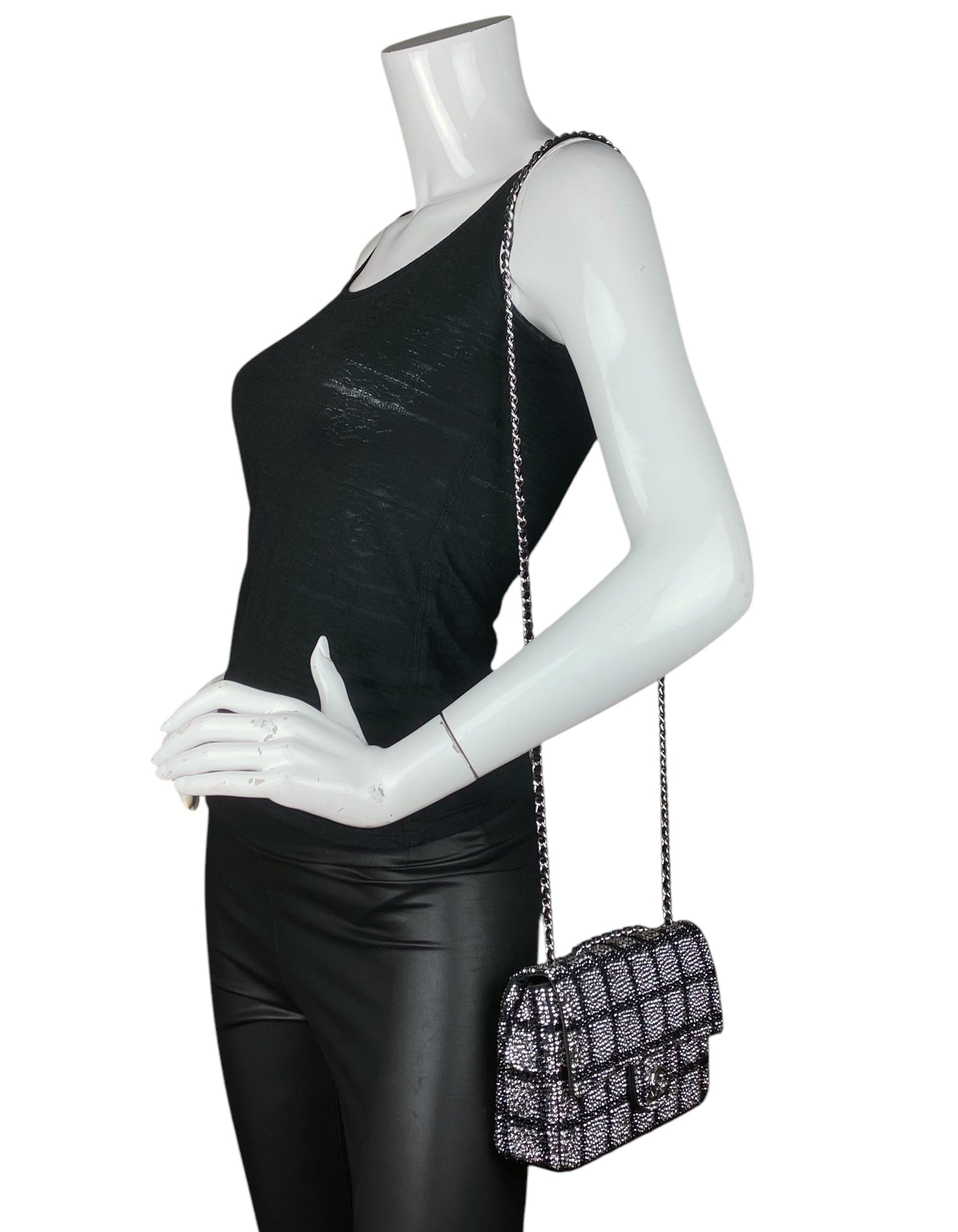 Chanel Black and Silver Strass Crystal Small Flap Bag