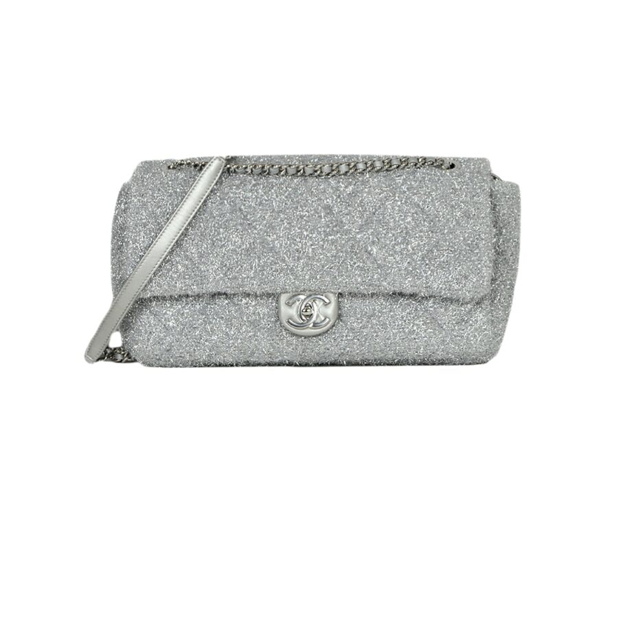 Chanel Silver Quilted Knit Pluto Glitter Large Flap Bag | Studio Nafay