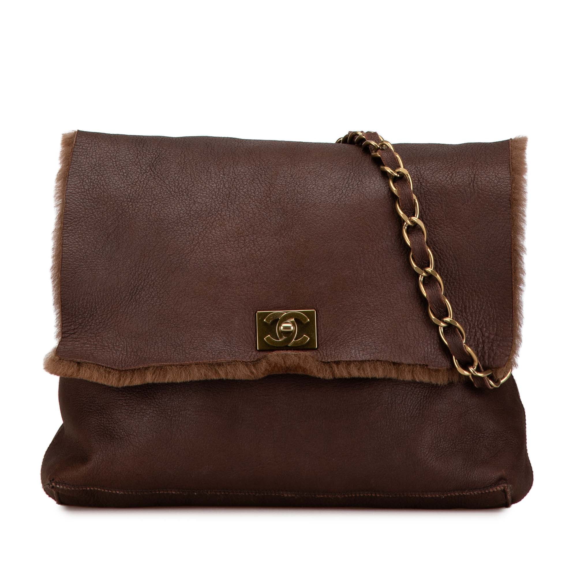Brown Chanel Shearling Trim Nubuck Chain Flap Crossbody Bag