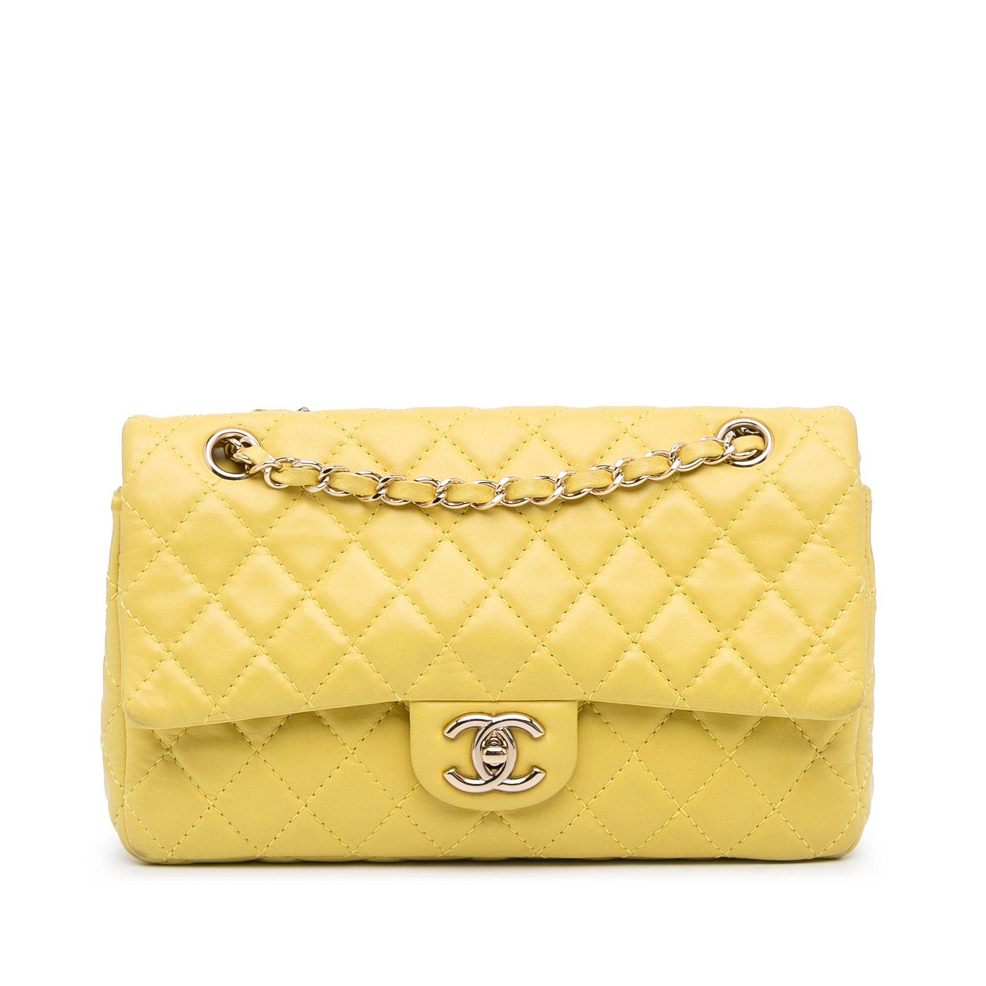 Yellow Chanel Medium Classic Double Stitch Calfskin Double Flap Shoulder Bag