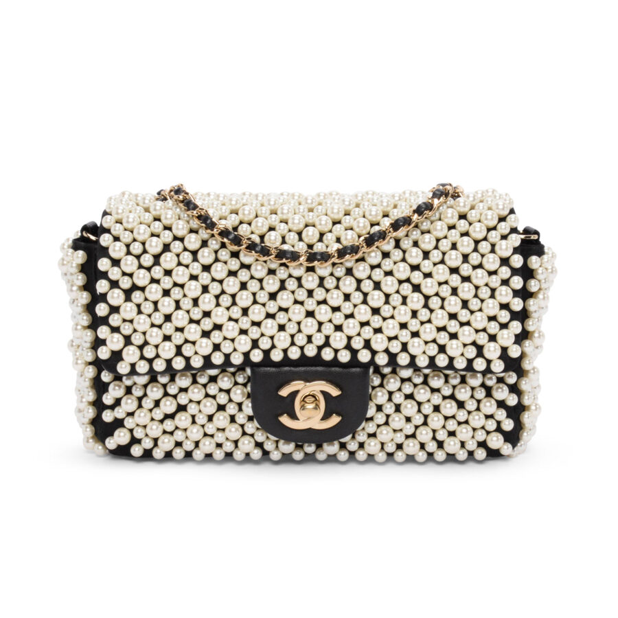 Chanel Black Satin & Lambskin Pearl On Flap Bag | Studio Nafay