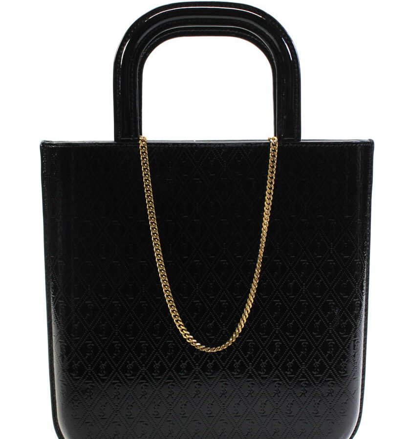 Saint Laurent Womens Monogram Logo Embossed Mini Shopping Tote Handbag Black | Studio Nafay