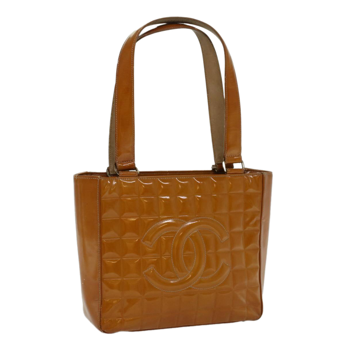 CHANEL Choco Bar Shoulder Bag Patent leather Yellow CC Auth 53382