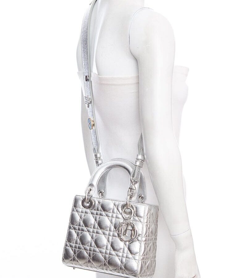 Dior Lady Dior Metallic Silver Grained Cannage with Lucky Badges Handbag | Studio Nafay