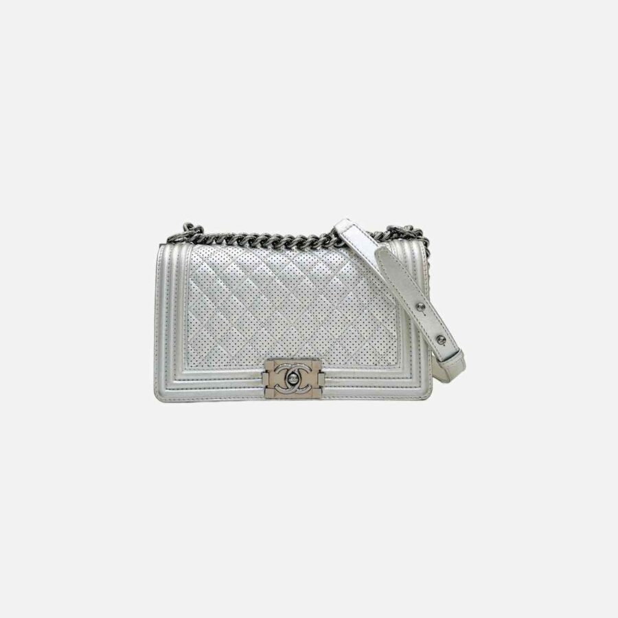 CHANEL New Boy Flap Silver Perforated Shoulder Bag | Studio Nafay