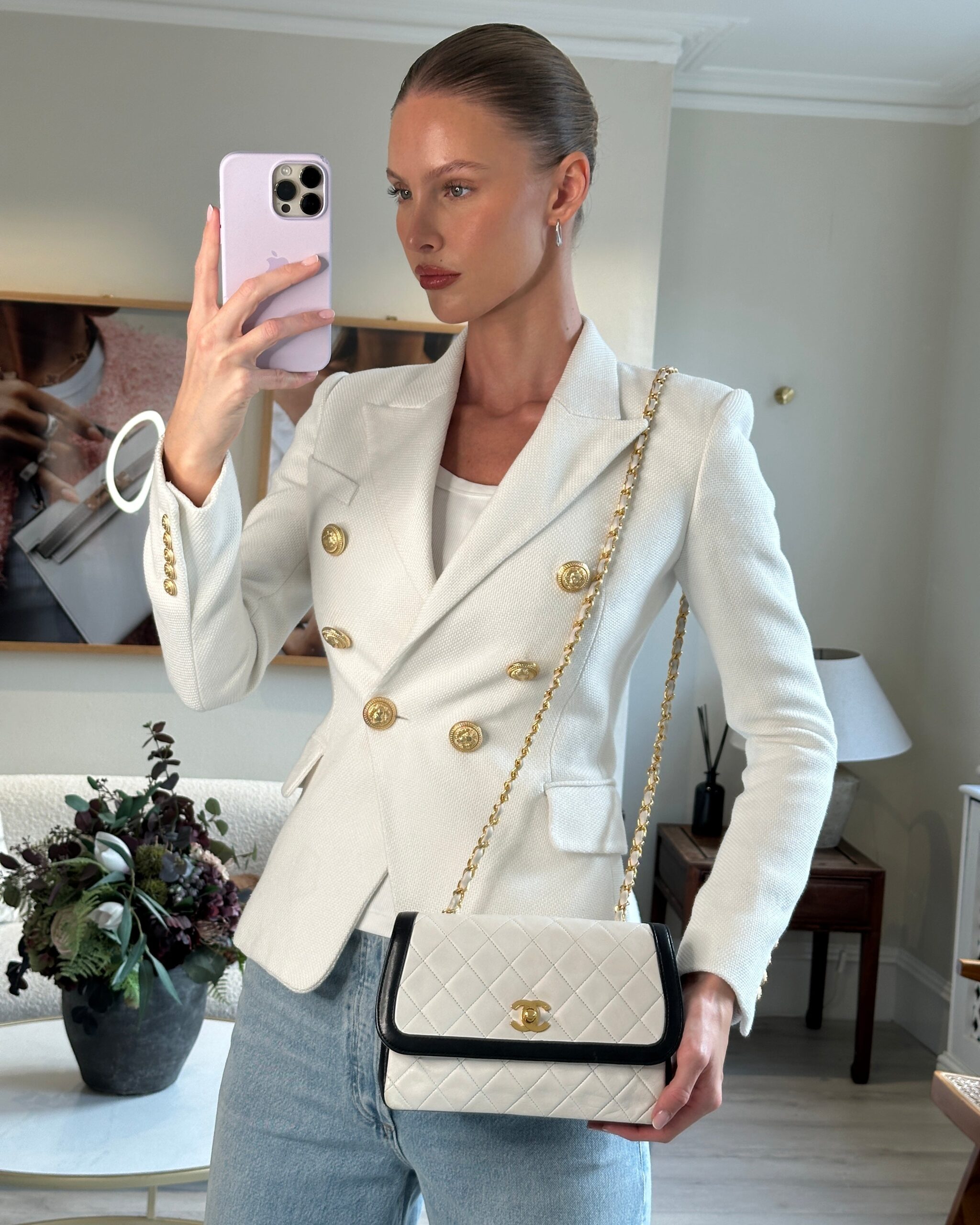 Chanel White, Black Trim Matelasse Cross-Body Bag in Lambskin Leather with 24K Gold Hardware