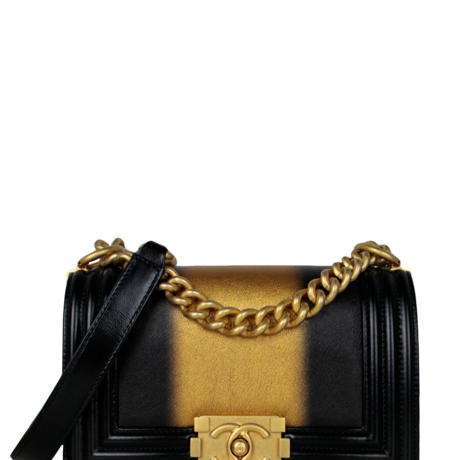 Chanel Calfskin Leather Metallic Black/Gold Small Boy Bag | Studio Nafay