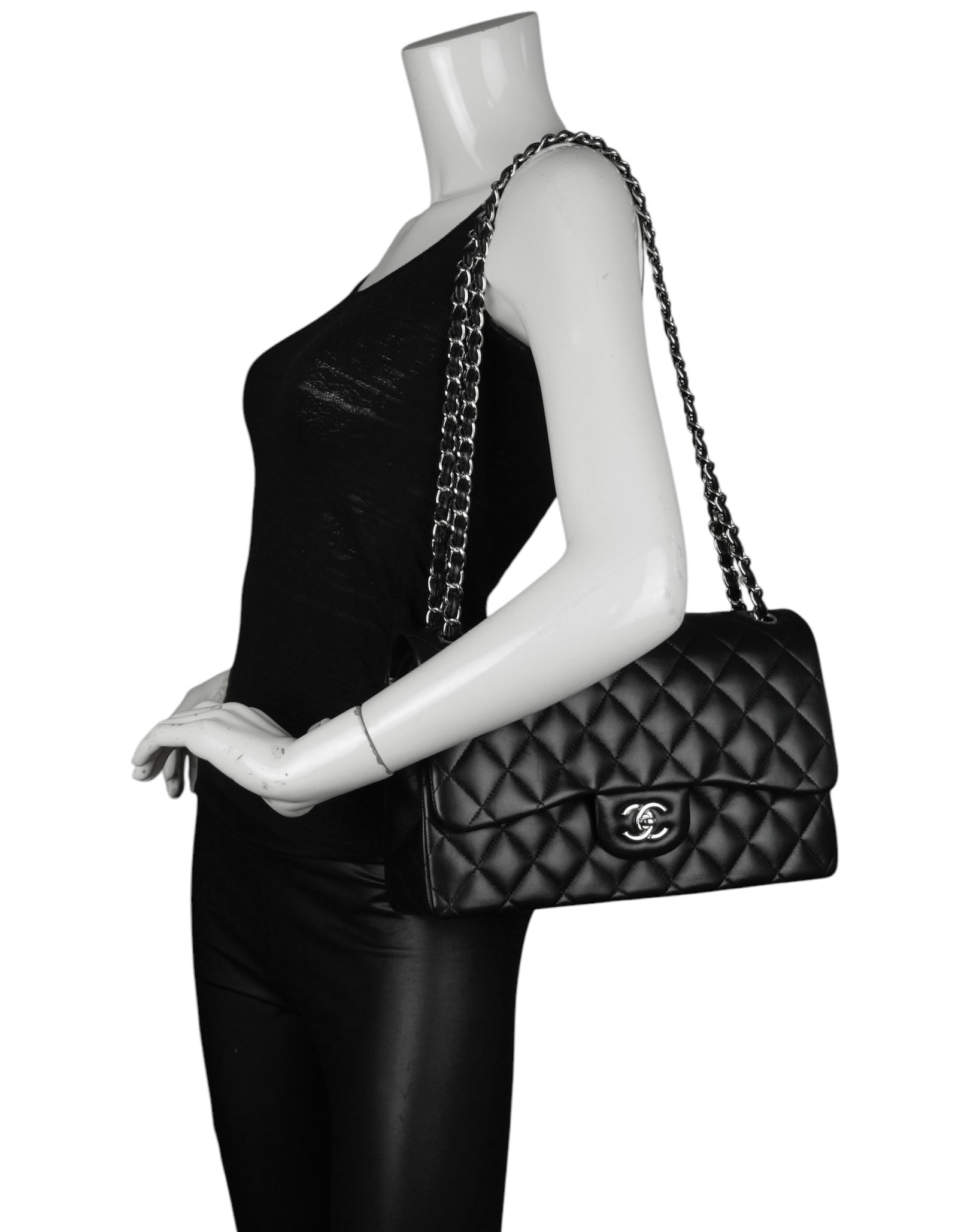 Chanel Black Lambskin Leather Double Flap Jumbo Bag