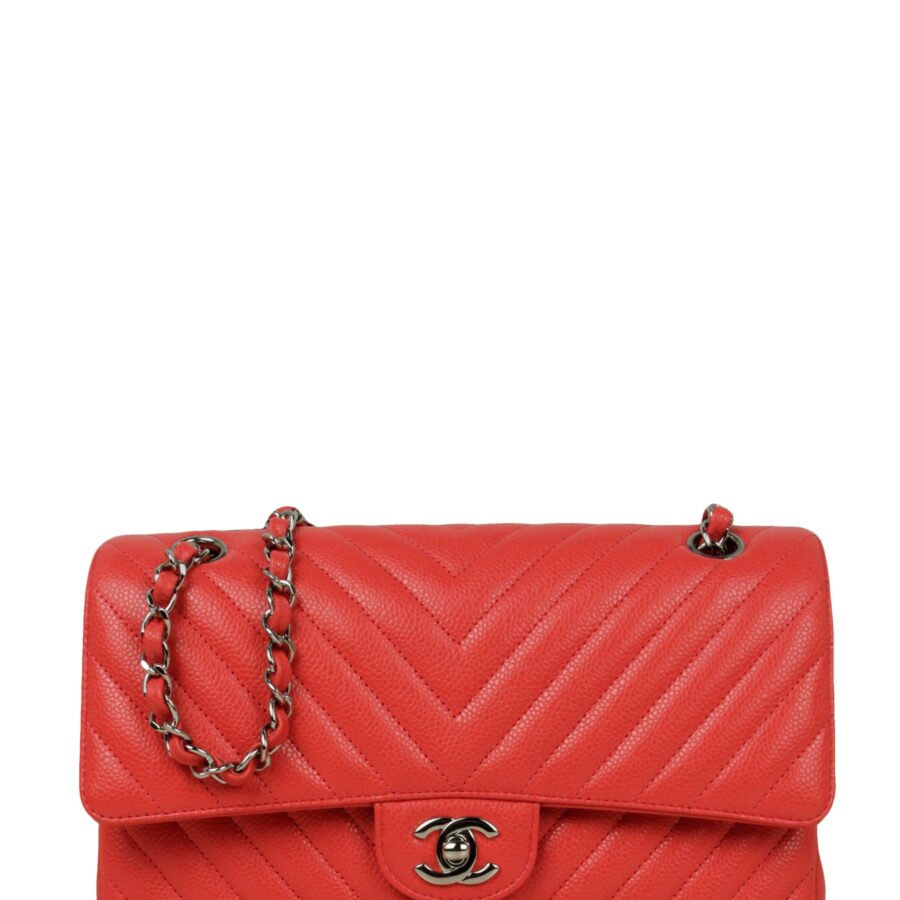 Chanel Coral Caviar Leather Chevron 10" Medium Double Flap Classic Bag | Studio Nafay