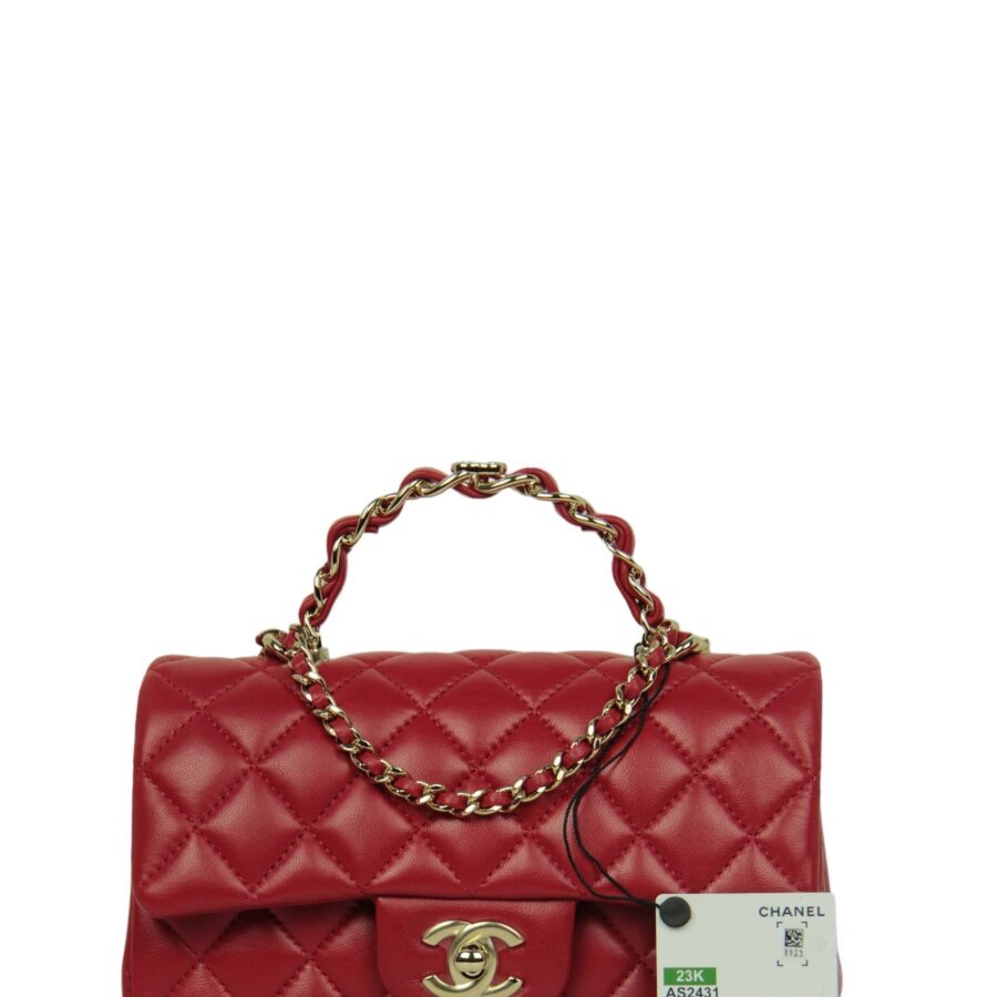 Chanel NWT Red Lambskin Quilted Mini Top Handle Rectangular Flap Handbag | Studio Nafay