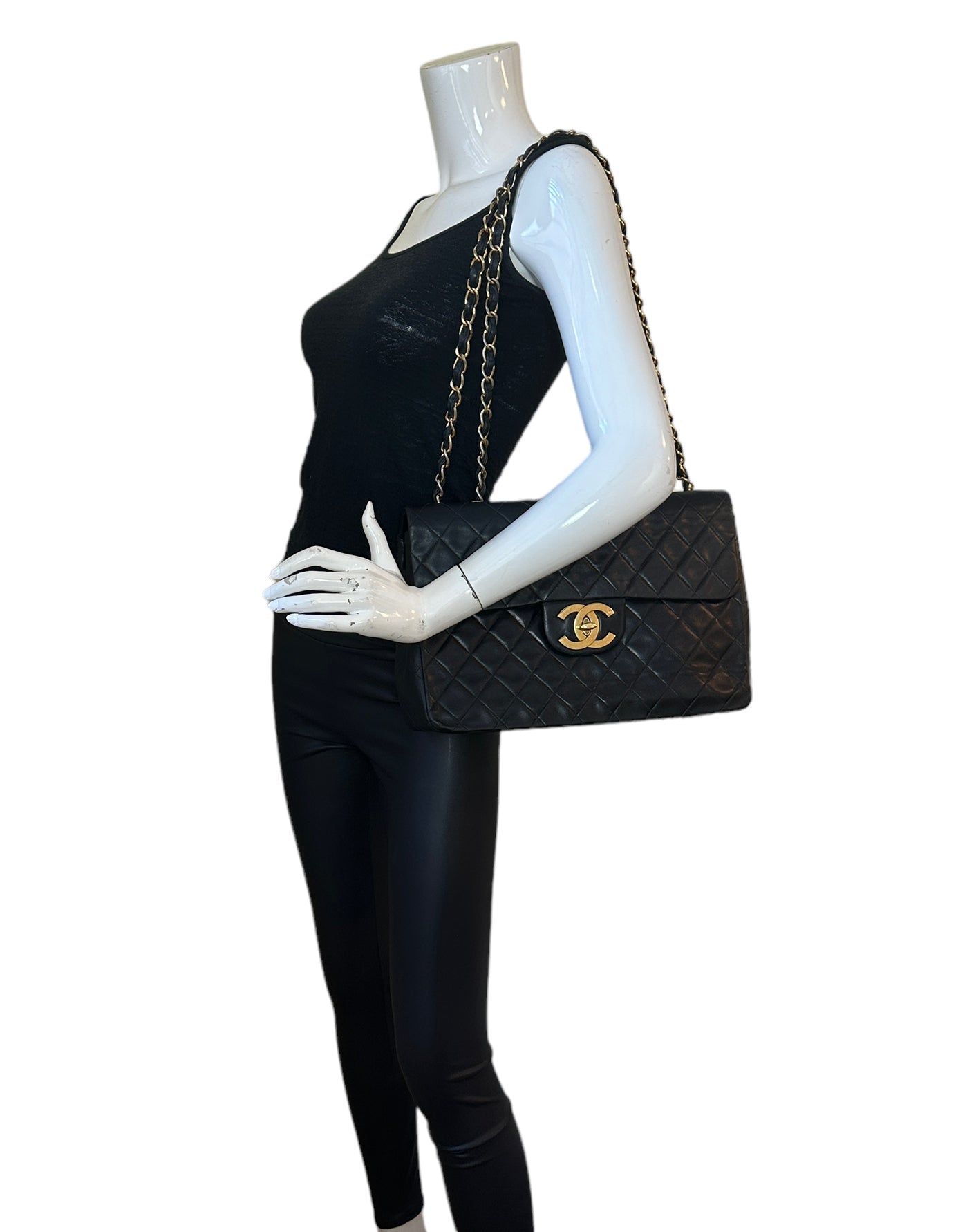 Chanel 1990s Black Lambskin Leather XL Jumbo Flap Bag