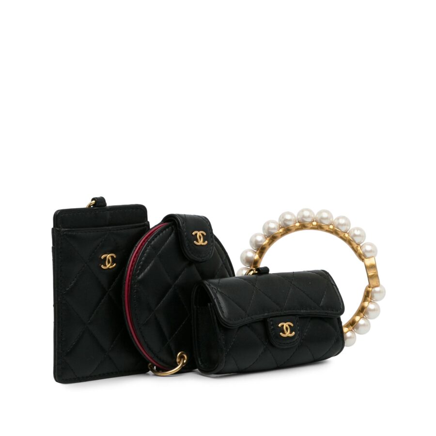 Black Chanel Lambskin Pearl Crown CC Wristlet Multi Pouches Clutch Bag | Studio Nafay
