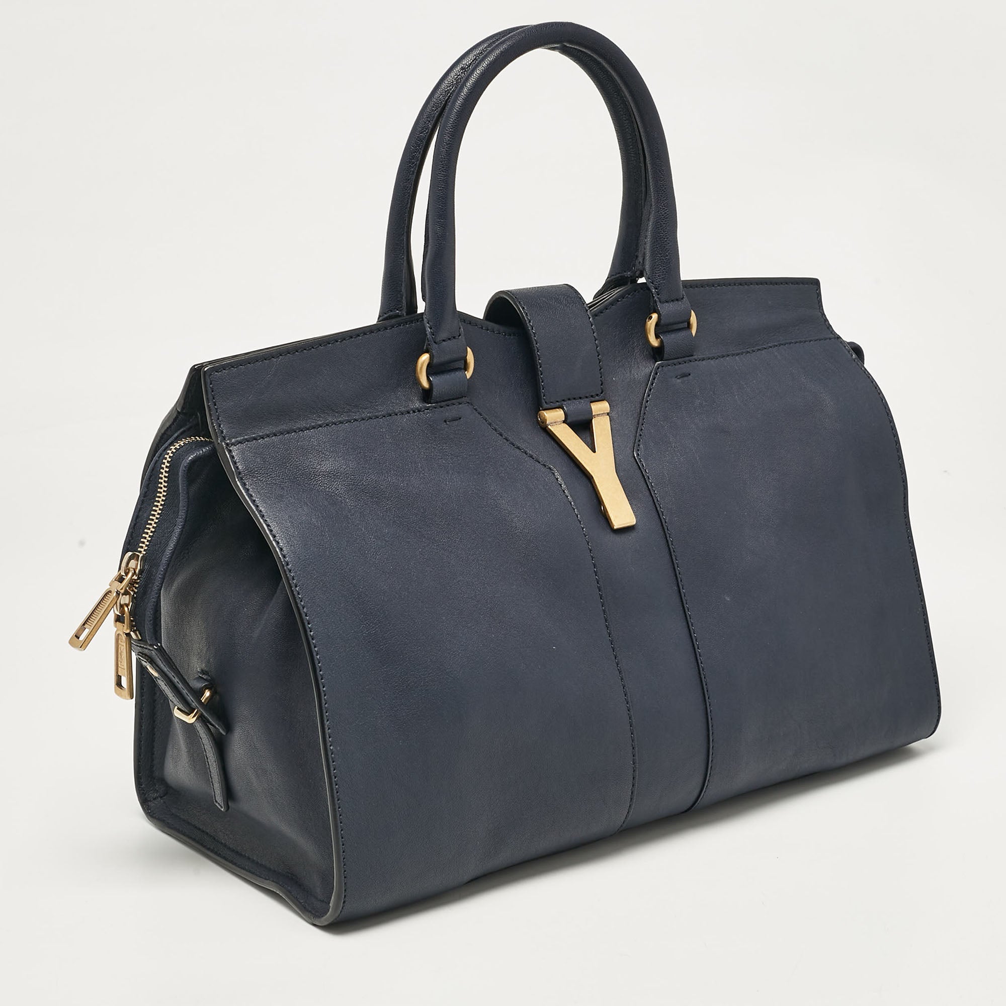 Saint Laurent Navy Blue Leather Medium Cabas Chyc Tote