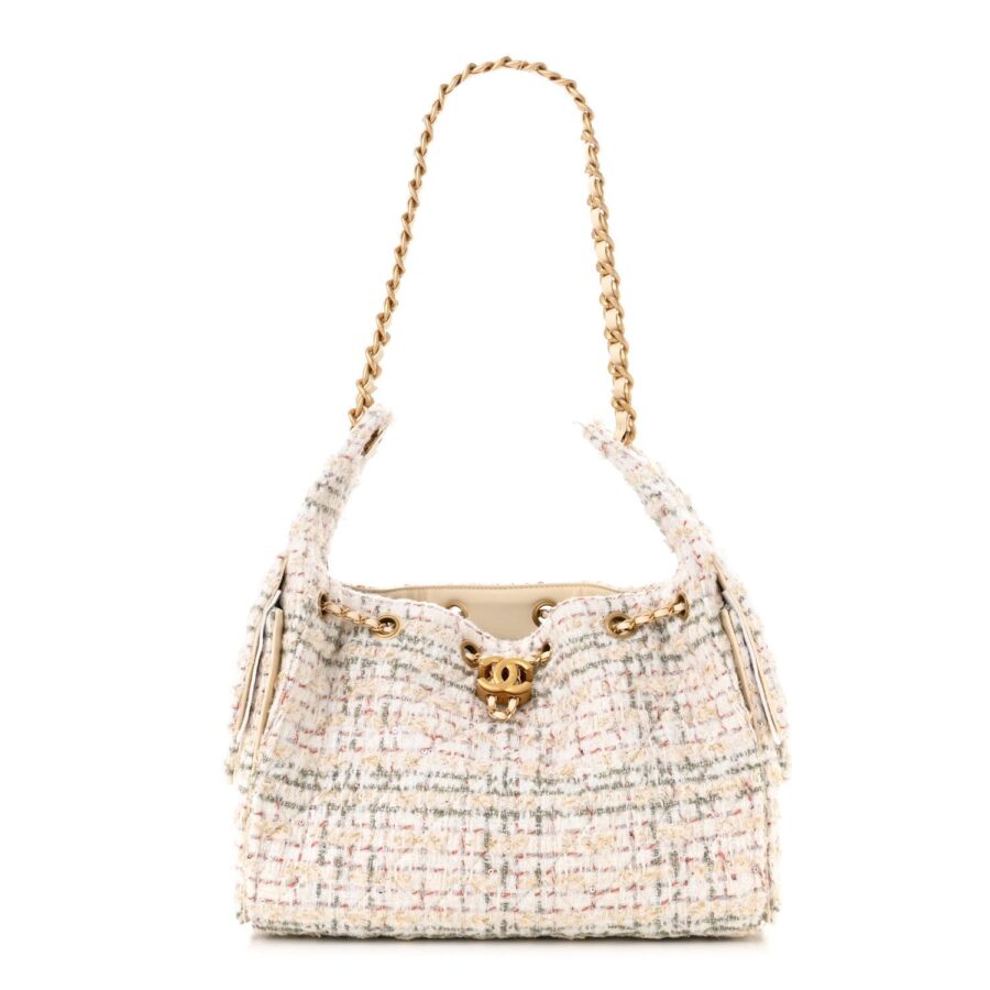 Tweed Quilted Small Chanel 25 Handbag Ecru Khaki Gold Red | Studio Nafay