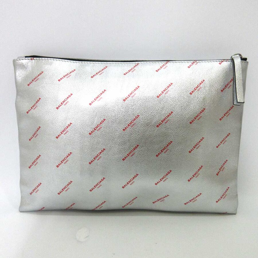 Balenciaga Leather Logo Large Clutch Silver | Studio Nafay