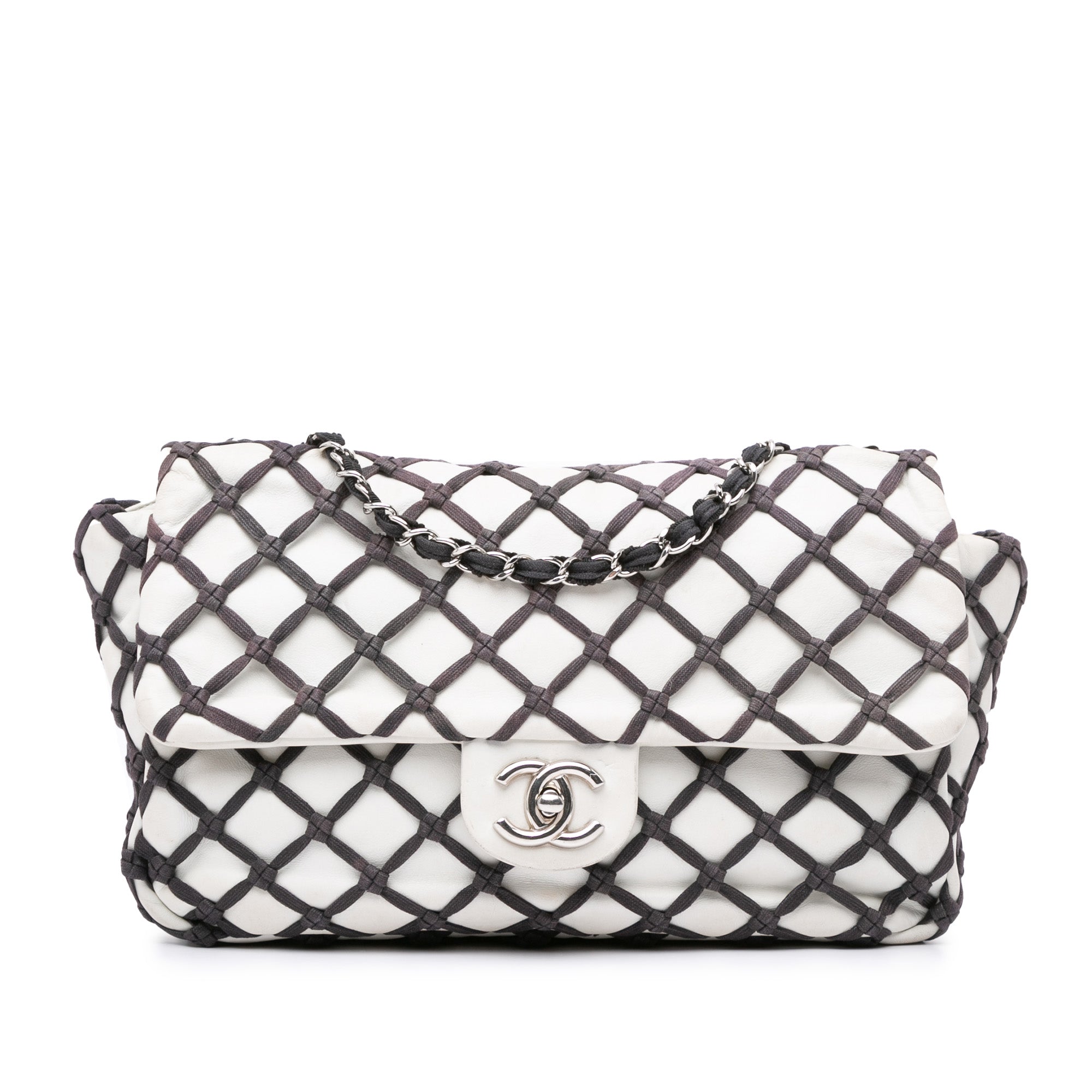 White Chanel Jumbo Calfskin Canebiers Net Flap Shoulder Bag