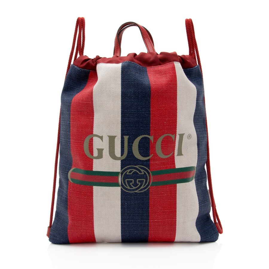 Gucci Canvas Sylvie Stripe Logo Drawstring Backpack | Studio Nafay