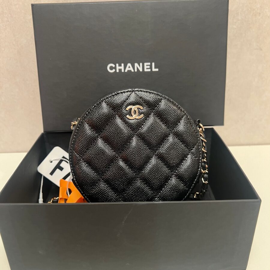 CHANEL Iridescent Caviar Quilted Round Clutch With Chain Black | Studio Nafay