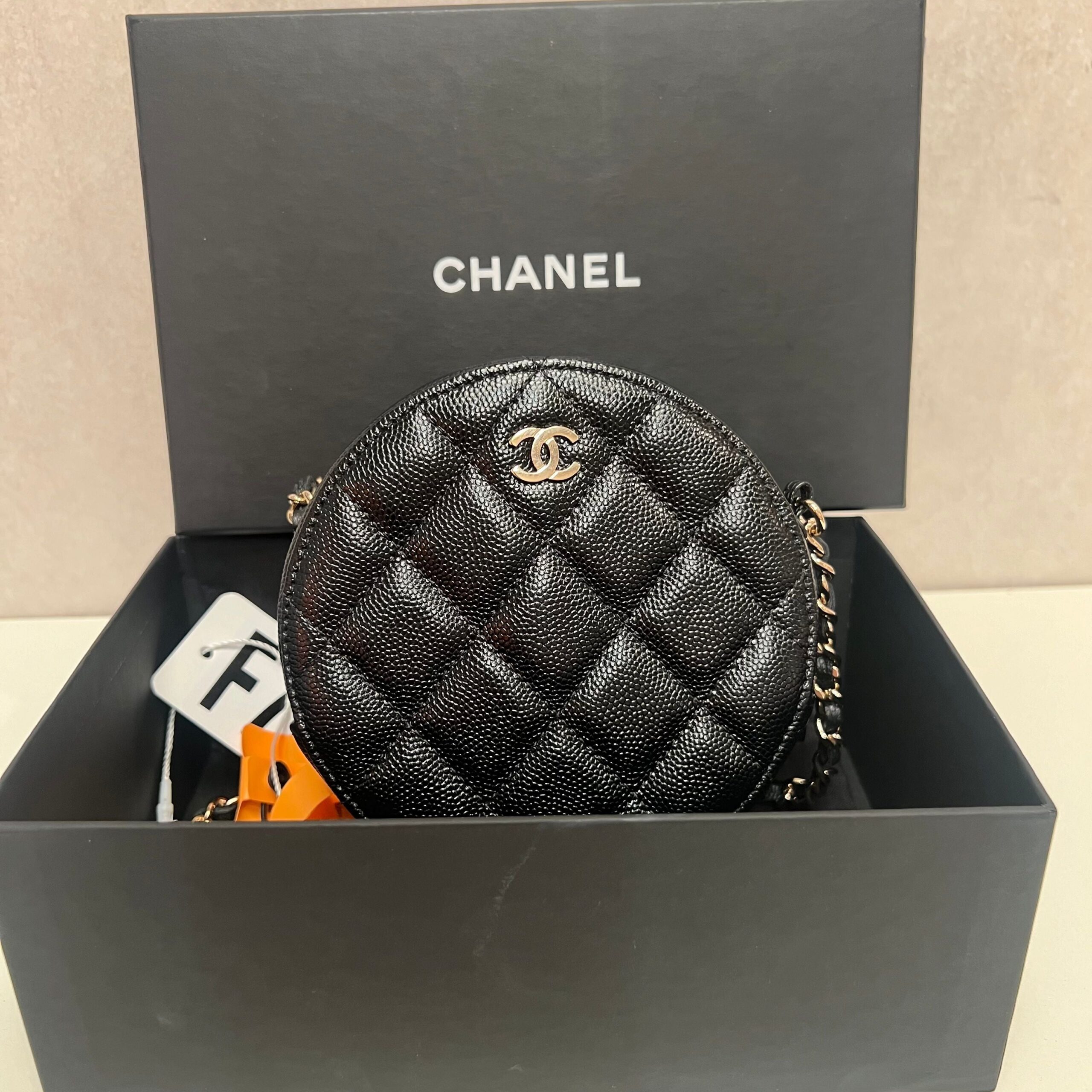 CHANEL Iridescent Caviar Quilted Round Clutch With Chain Black