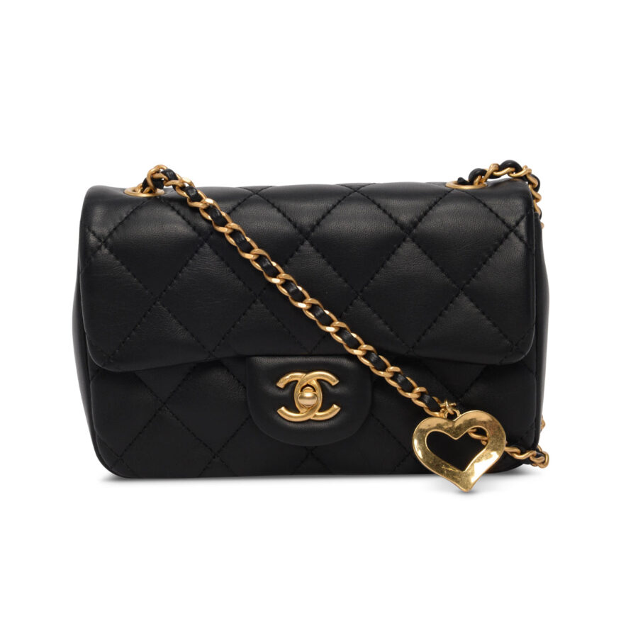 Chanel Black Lambskin Mini Rectangular Heart Chain Flap Bag | Studio Nafay