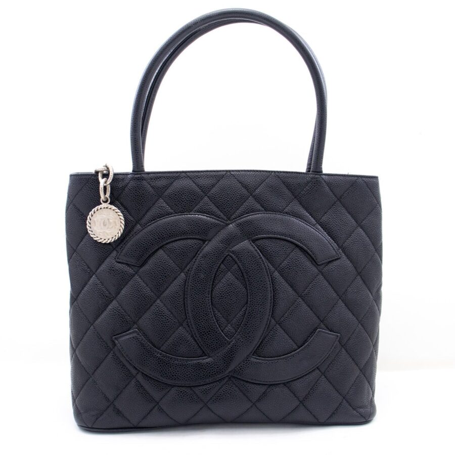 CHANEL Silver Medallion Caviar Shoulder Bag Shopping Tote Black k56 | Studio Nafay