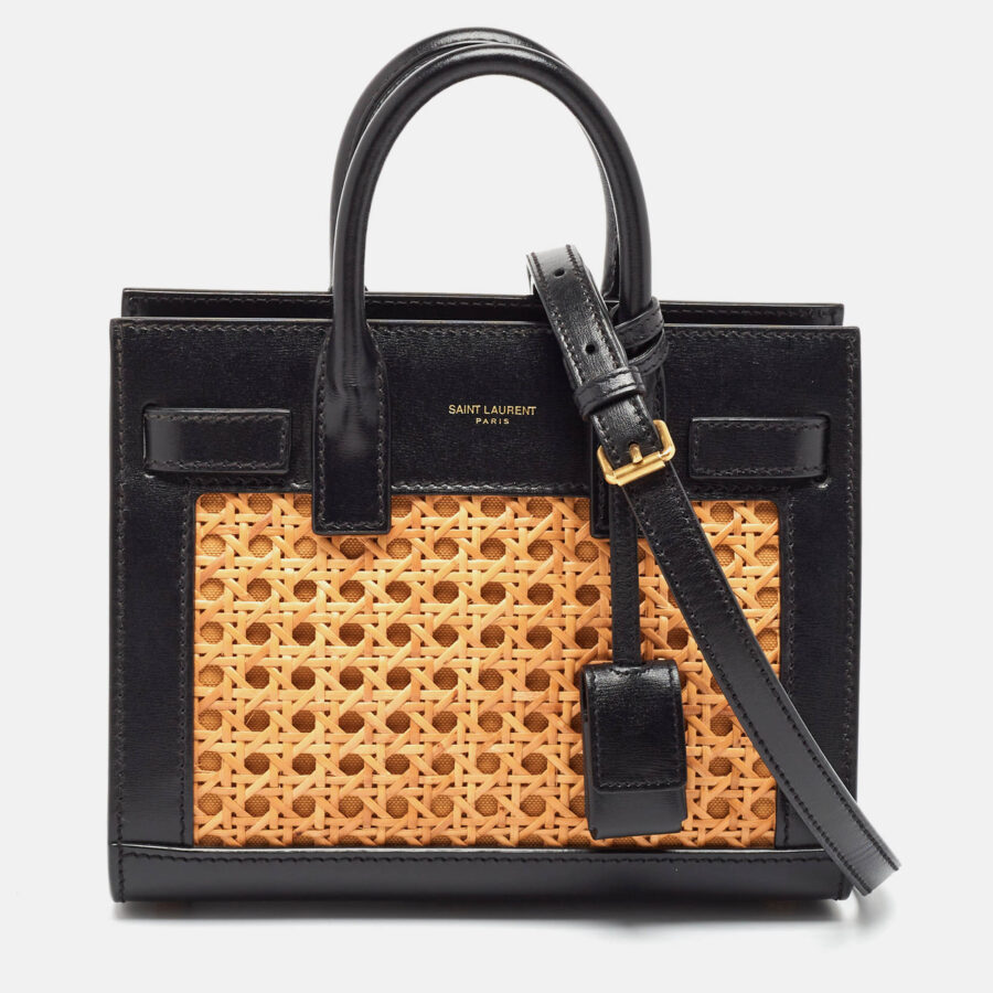 Saint Laurent Black/beige Leather And Bamboo Woven Nano Sac De Jour Tote | Studio Nafay