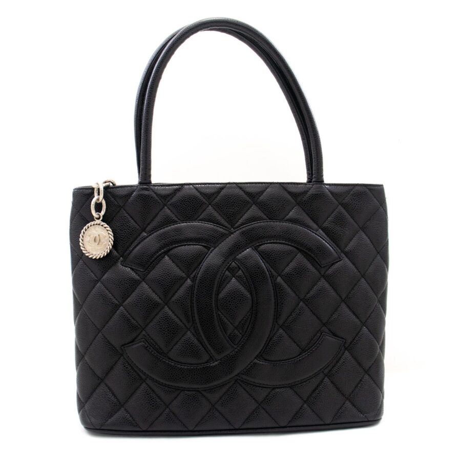 CHANEL Silver Medallion Caviar Shoulder Bag Shopping Tote Black SV k57 | Studio Nafay