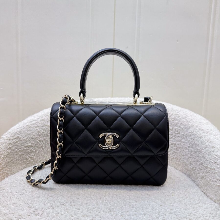 Chanel Mini Trendy CC Top Handle Flap Bag in Black Lambskin and LGHW | Studio Nafay