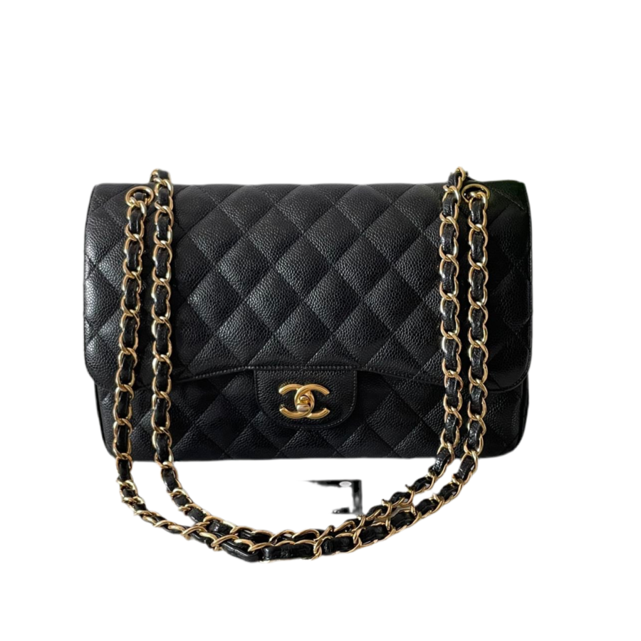 Chanel Black Jumbo Classic Double Flap Bag Caviar Leather with Gold Hardware | Studio Nafay