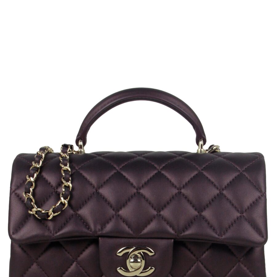 Chanel Iridescent Burgundy Lambskin Quilted Mini Top Handle Rectangular Flap Bag | Studio Nafay