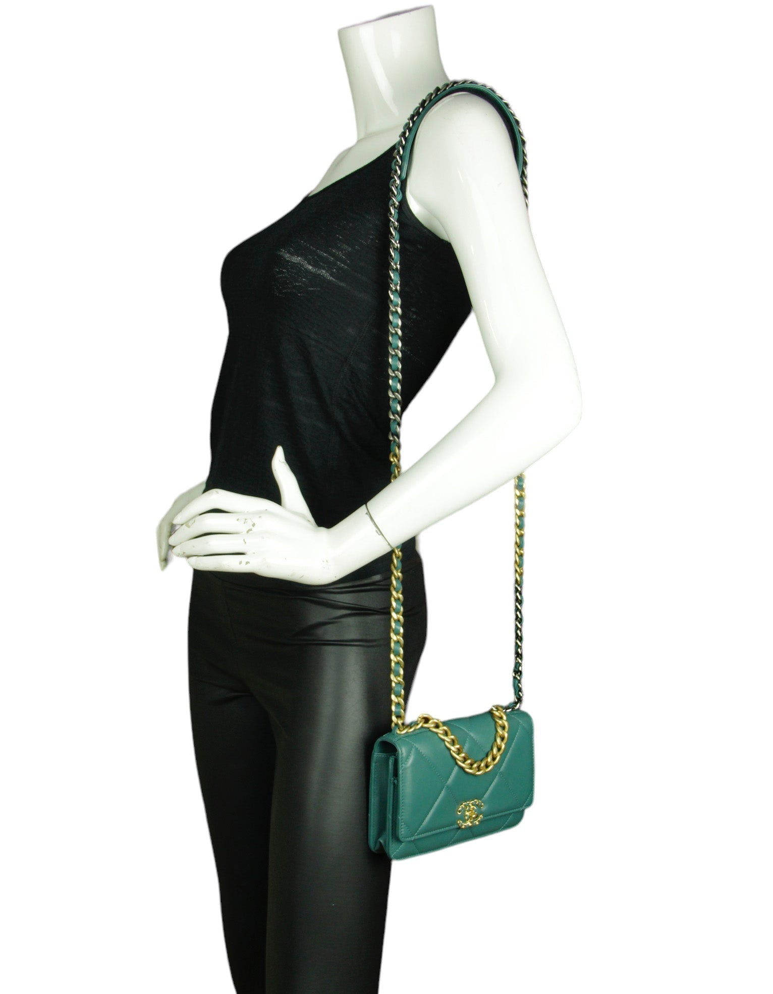 Chanel Blue-Green Lambskin Quilted 19 Wallet On Chain WOC Crossbody Bag