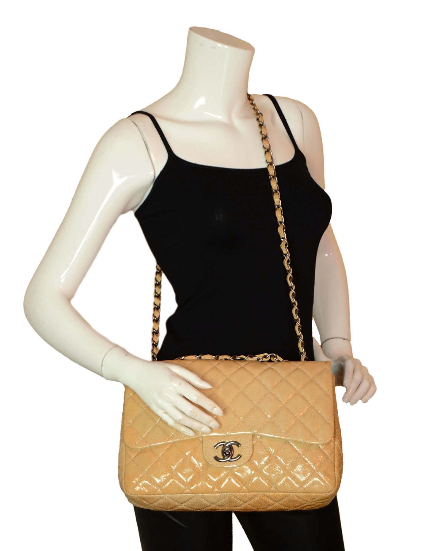 Chanel Cream Crumpled Patent Quilted Single Flap Jumbo Classic Bag - Product Image 2