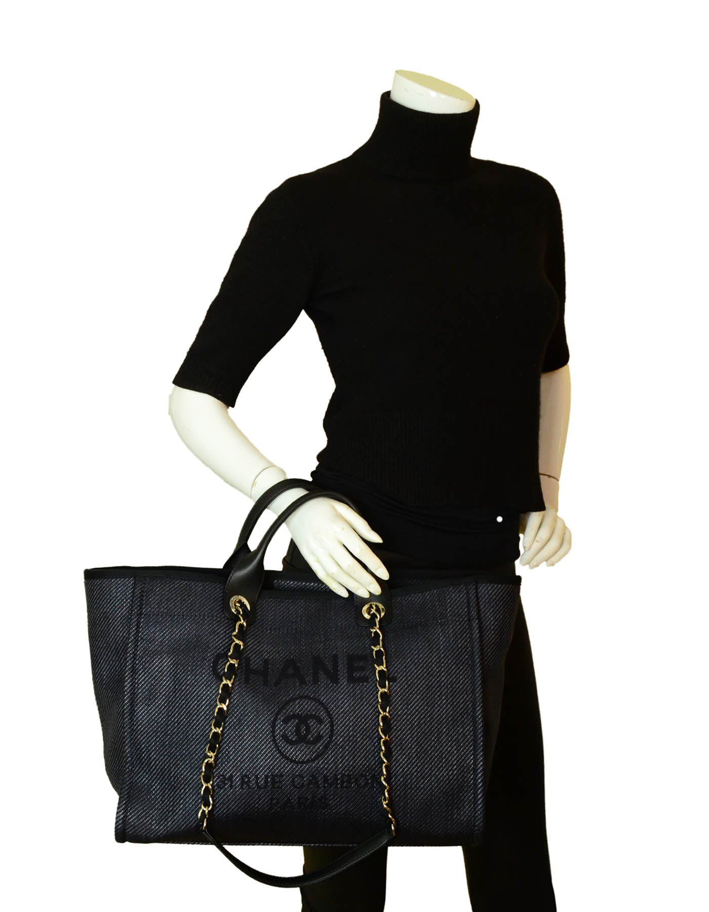 Chanel NEW Black Mixed Fibers Large Deauville Tote Bag