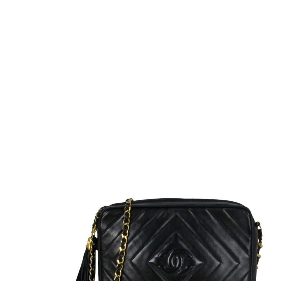 Chanel Black Lambskin Leather Diamond Quilted Camera Bag | Studio Nafay