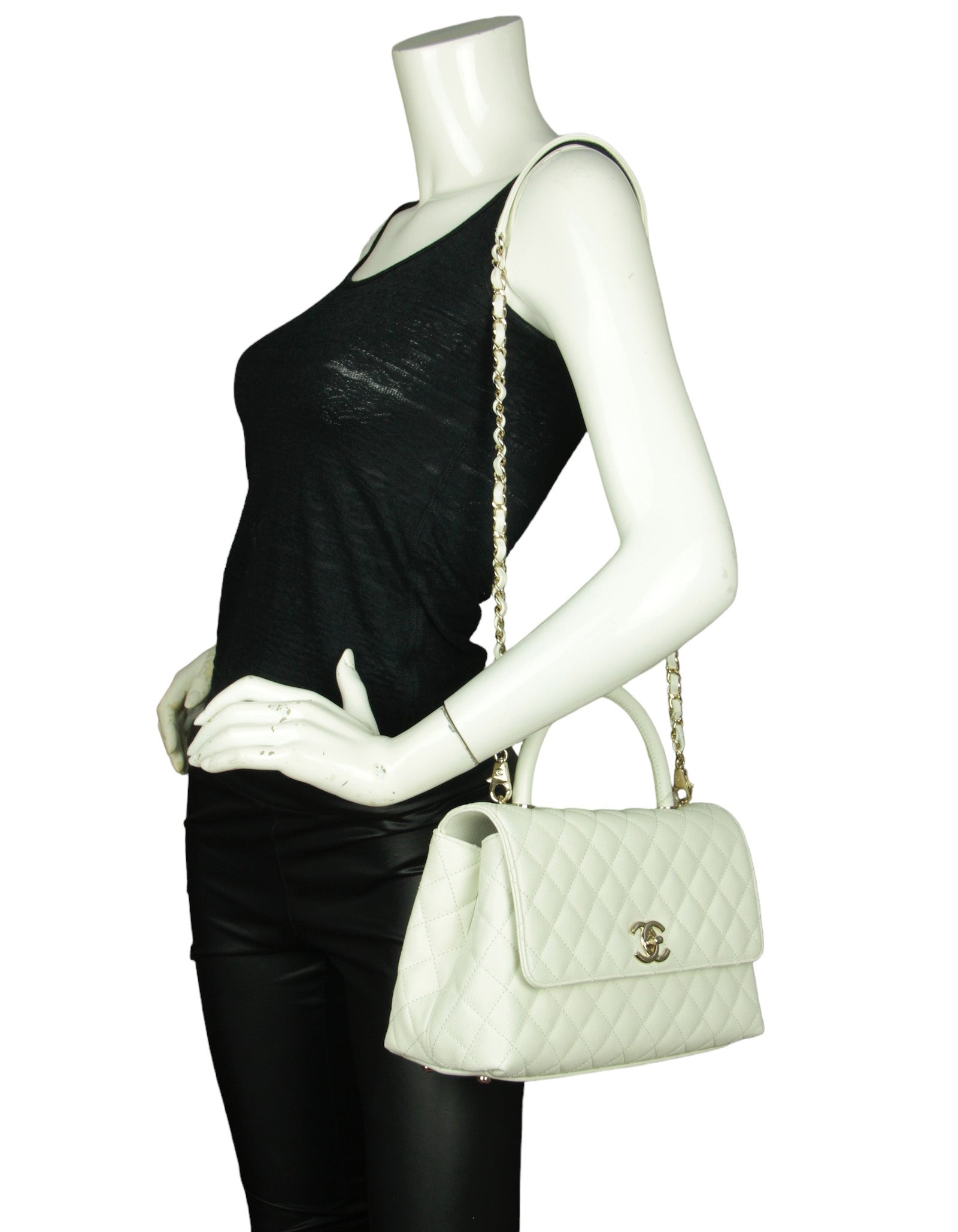 Chanel White Caviar Small Coco Handle Flap Bag