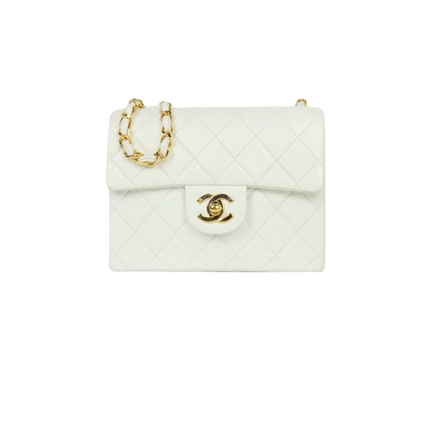 Chanel White Lambskin Leather Quilted Square Mini Flap Classic Bag | Studio Nafay