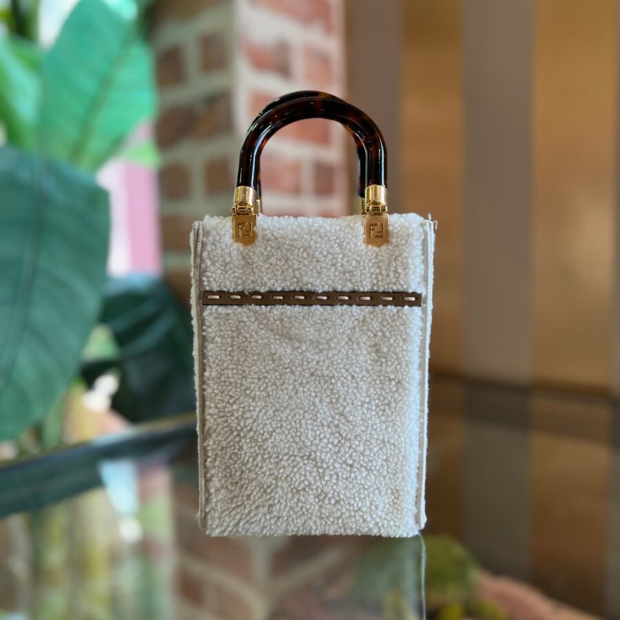 FENDI Sunshine Mini White Taupe Shearling Vitello King Plexiglass Logo Tote Bag | Studio Nafay