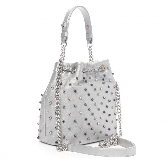 Chanel Metallic Lambskin Studded Chevron Quilted Small Stud Wars Drawstring Bag- Silver | Studio Nafay