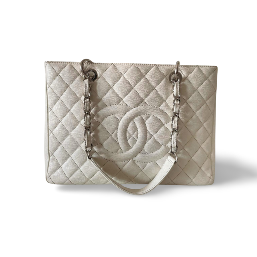 Chanel Medium White Grand Shopping Tote bag in Caviar Leather with silver Hardware | Studio Nafay