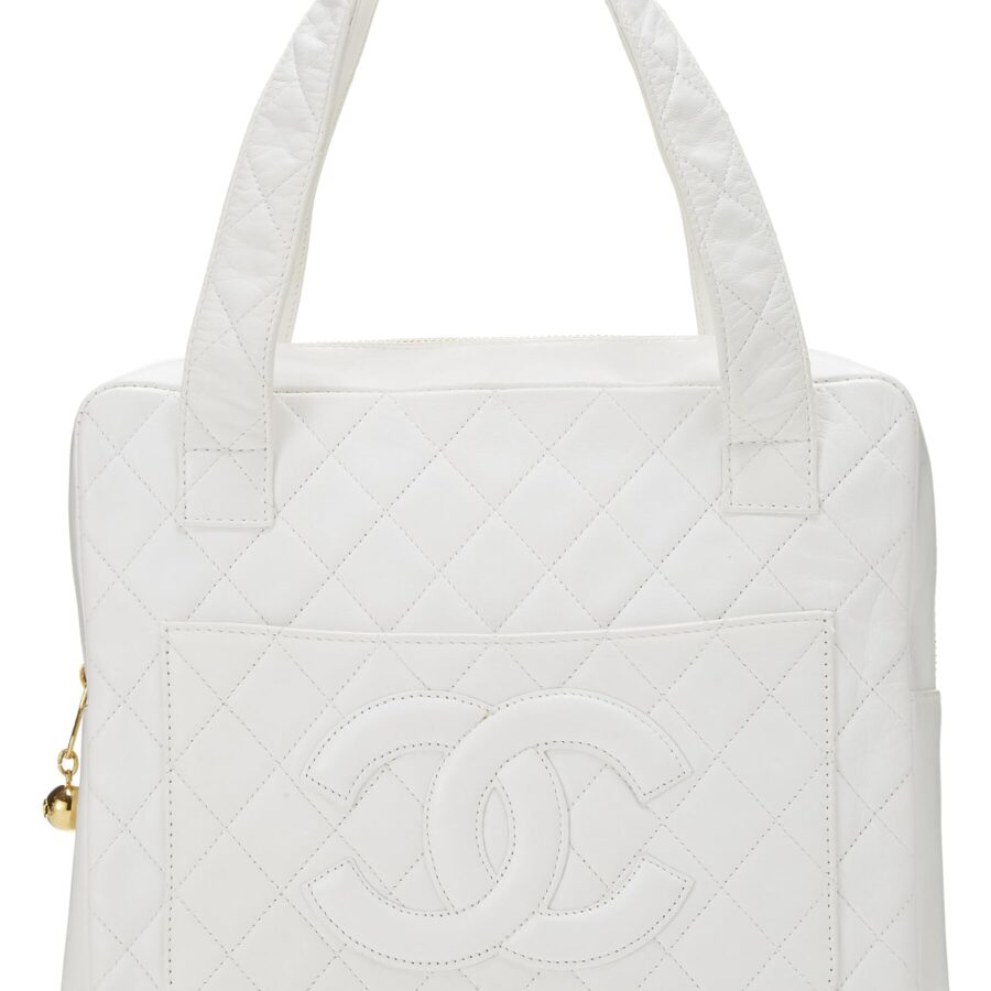 Chanel, White Quilted Lambskin Top Handle Tote Mini, White | Studio Nafay