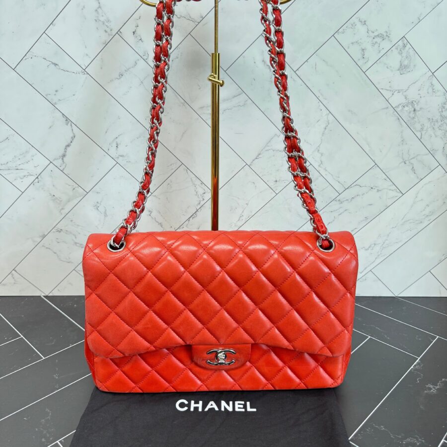 Chanel Orange/Red Lambskin Quilted Large Double Flap | Studio Nafay